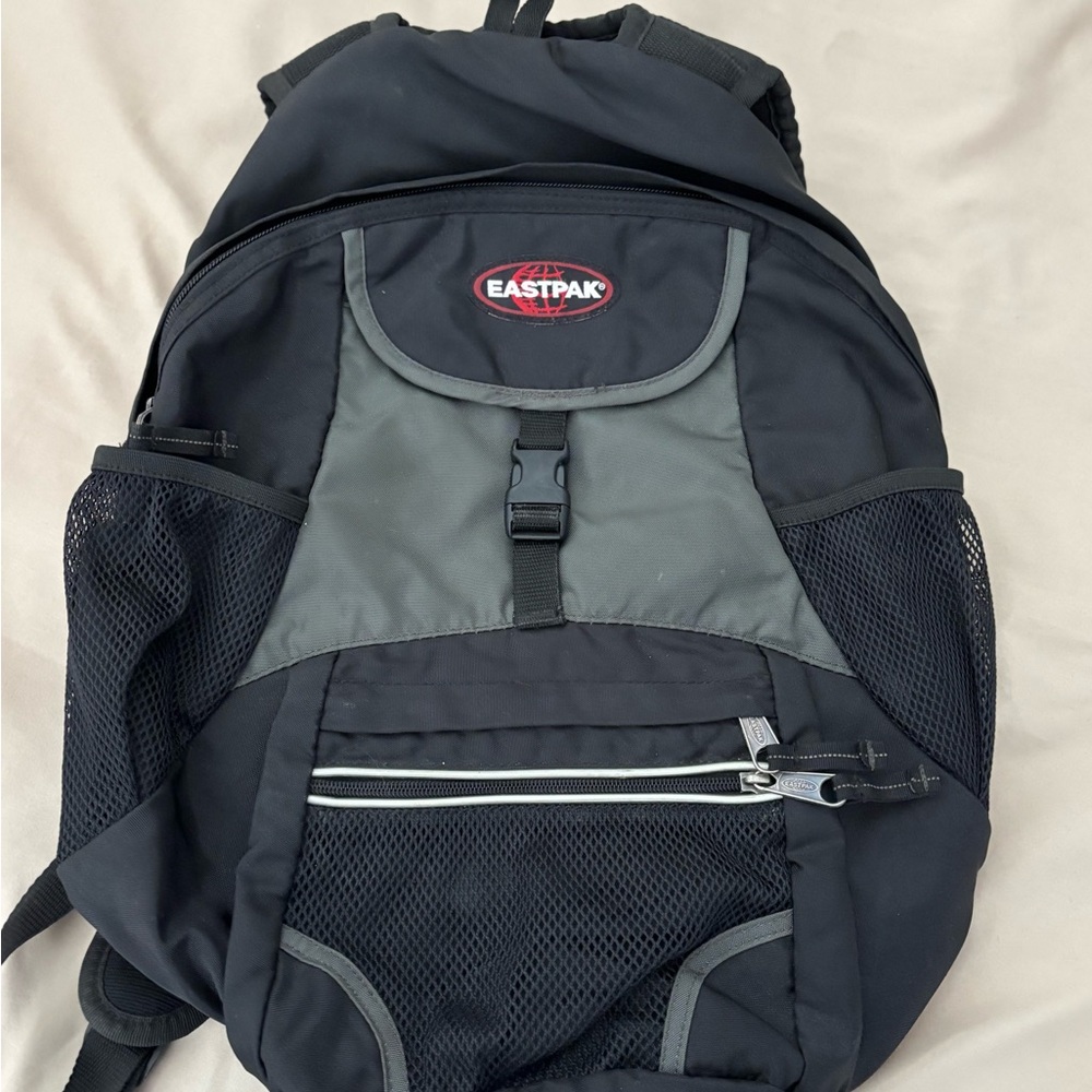 Vintage Eastpak Backpack Black Gray Multi Pocket School Travel Bag